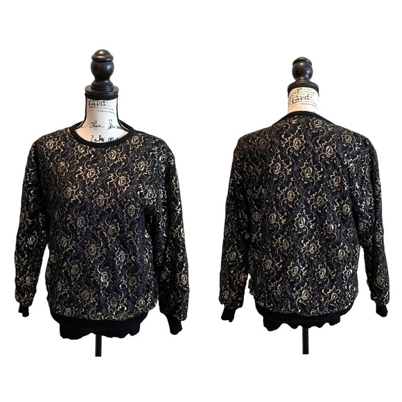 Destinee Wool Pullover Sweater Black Gold size Large Floral Lace Vintage punk - Picture 9 of 9
